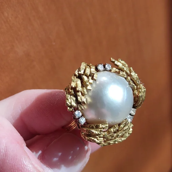 Mabe pearl 18kt Yellow Gold Ring, diamonds, estate Ring vintage - Picture 4 of 16